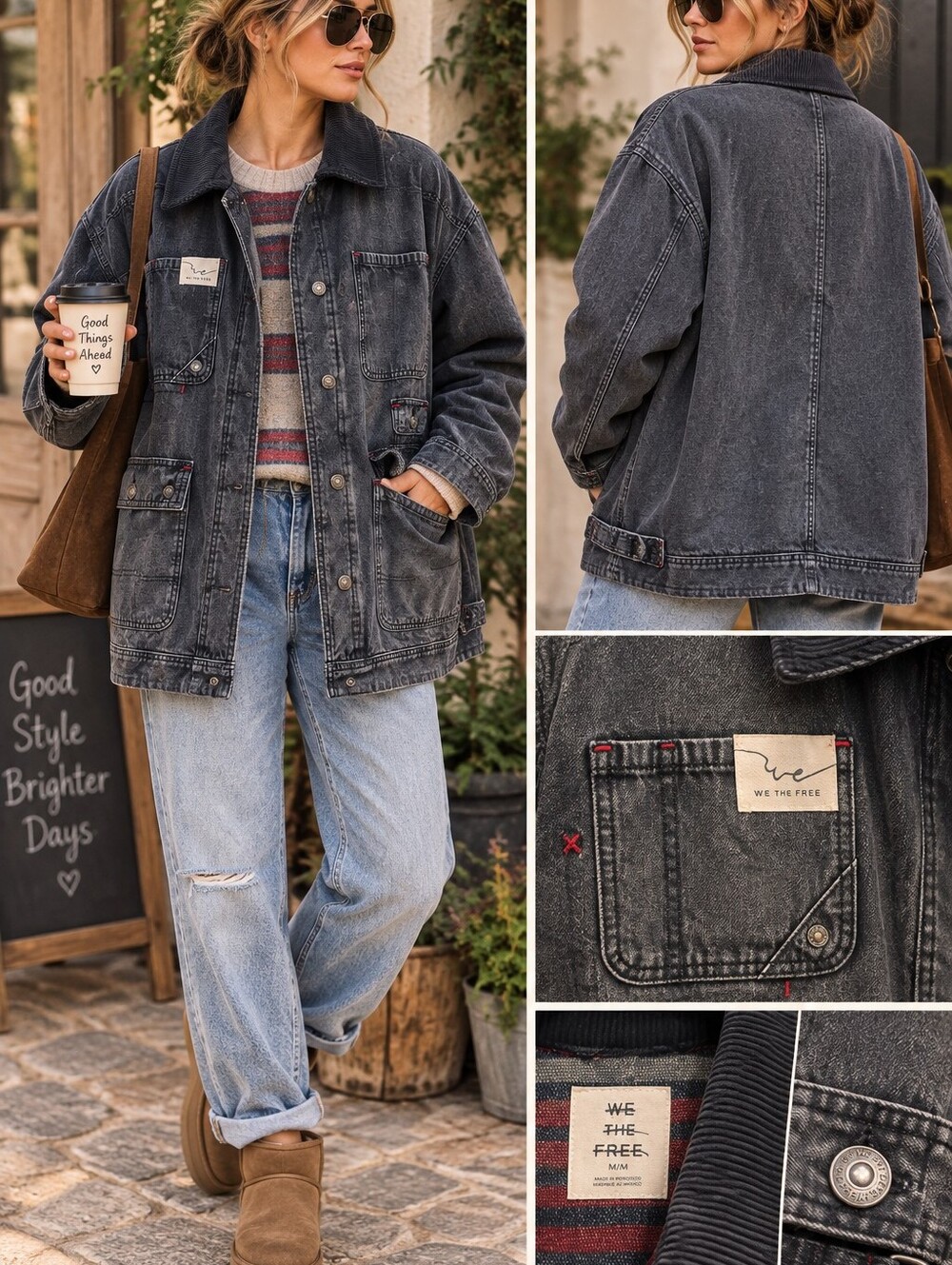 We The Free Sweet Talk Denim Barn Coat With Corduroy Collar , NWOT XL